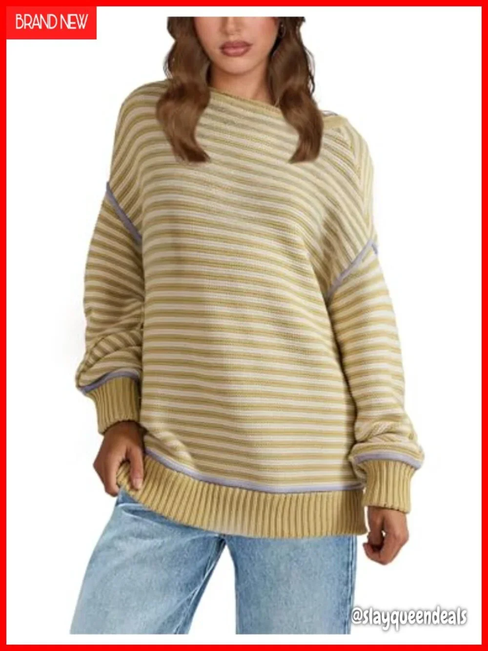 Oversized Striped Knit Pullover Sweater, Cotton-Acrylic Blend, Long Sleeve,